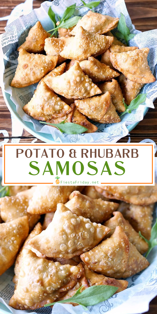 Spectacular Samosas | These are not your usual samosas. Filled with rhubarb and sorrel that lend their tart flavor, along with the more traditional potatoes and peas, they are downright spectacular! #samosas #Indian #appetizer #rhubarb #sorrel #potatoes #fiestafriday