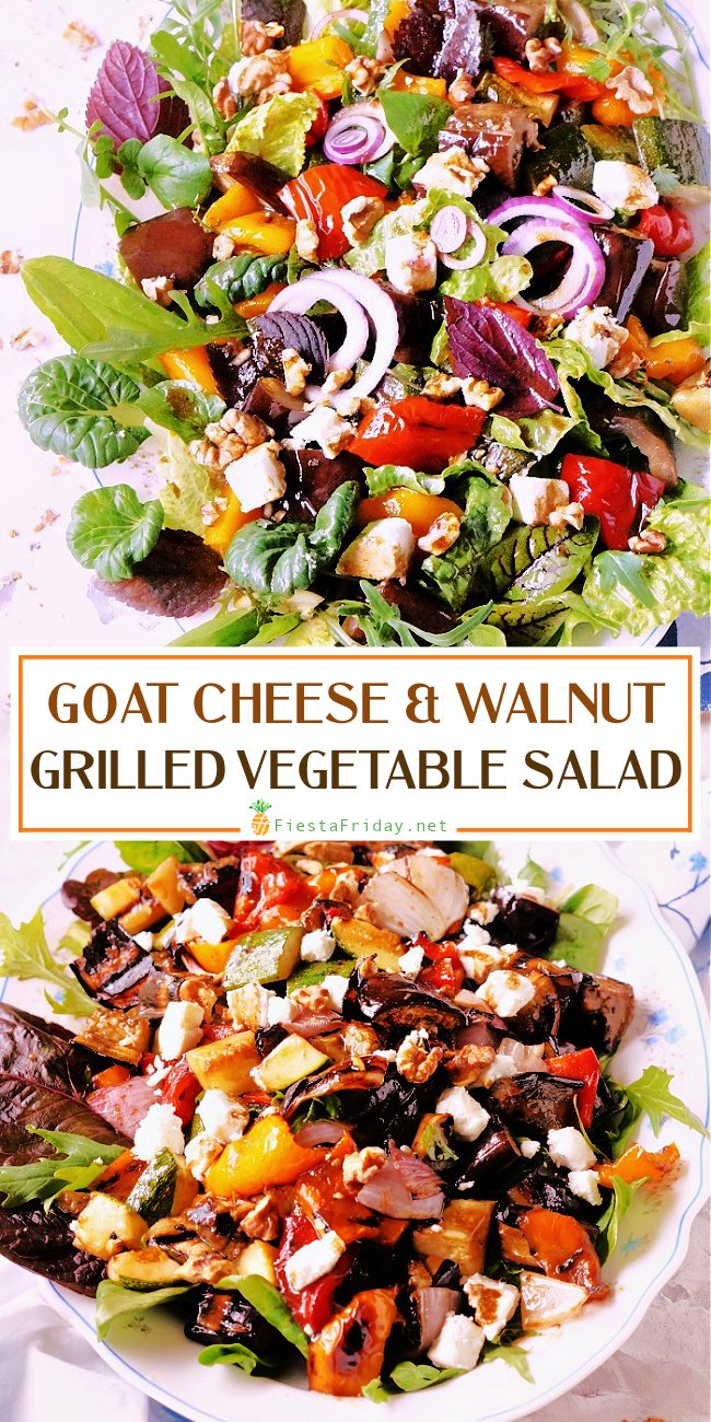 Grilled Vegetable Salad with Goat Cheese & Roasted Walnuts and Sweet Balsamic Vinaigrette. Serve it warm or cold, as a side, or as an entree with grilled chicken. It's a family favorite! #grilled #grilledvegetables #salad #cleaneating #healthy #lowcarb #mediterraneandiet #vegetables #grilling #balsamic #balsamicvinaigrette #goatcheese #walnuts