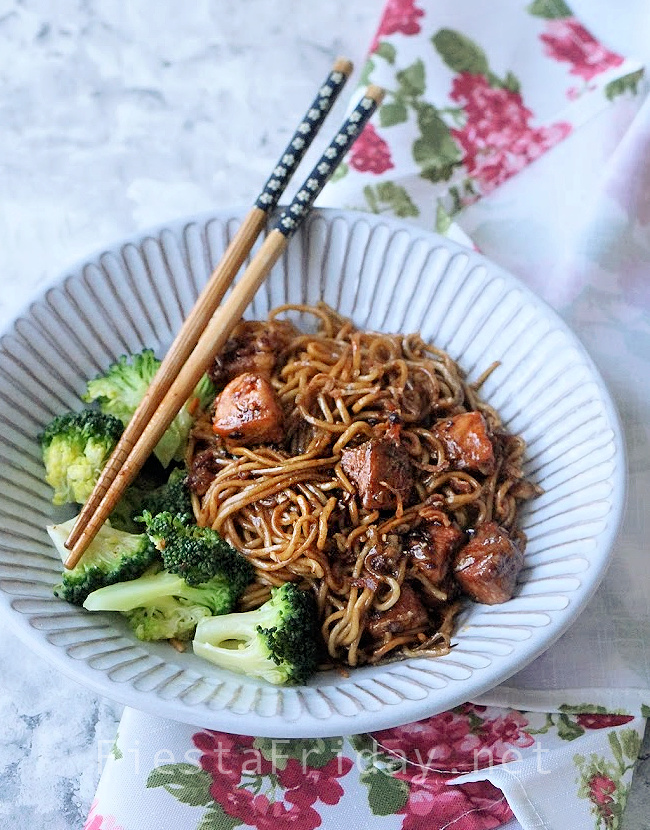 Soy Sauce Garlic Butter Noodles with Salmon | FiestaFriday.net