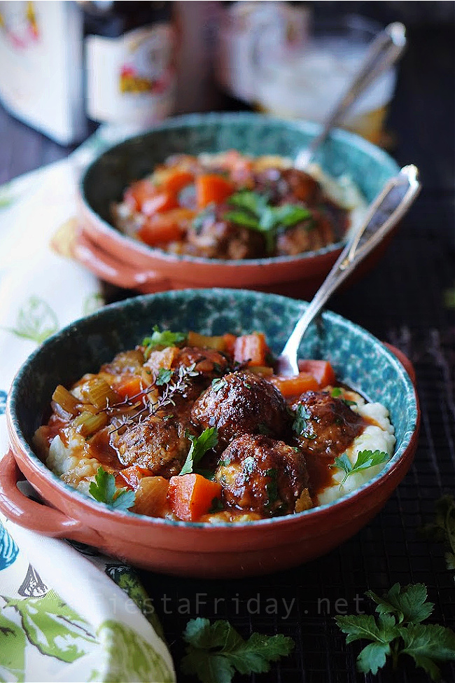 Stuffed Meatballs in Guinness Gravy! Served on Colcannon! It's not right to serve this just once a year on St. Patrick's Day! I’m so transparently not excited about this.? #meatballs #stuffed meatballs #guinness #beer #blondeguinness #stpatricksday #dublinercheese #cheese