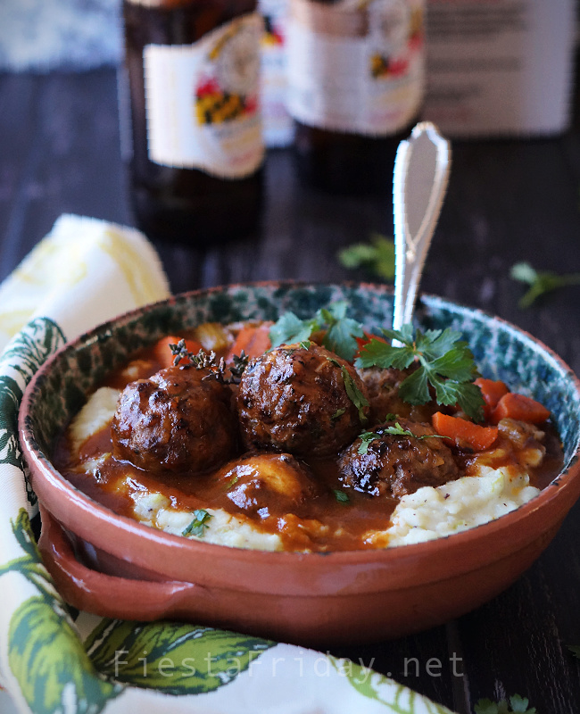 Stuffed Meatballs in Guinness Gravy! Served on Colcannon! It's not right to serve this just once a year on St. Patrick's Day! I’m so transparently not excited about this.? #meatballs #stuffed meatballs #guinness #beer #blondeguinness #stpatricksday #dublinercheese #cheese