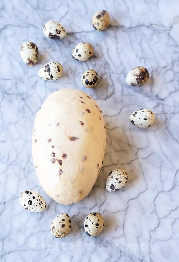 Chocolate Chip Vanilla Bread Dough made with the Tangzhong Method #easter #easterbread #wreathbread #italianeasterbread #eggs #quaileggs #chocolate #chocolatechips #tangzhong #tangzhongbread #vanilla #fiestafriday