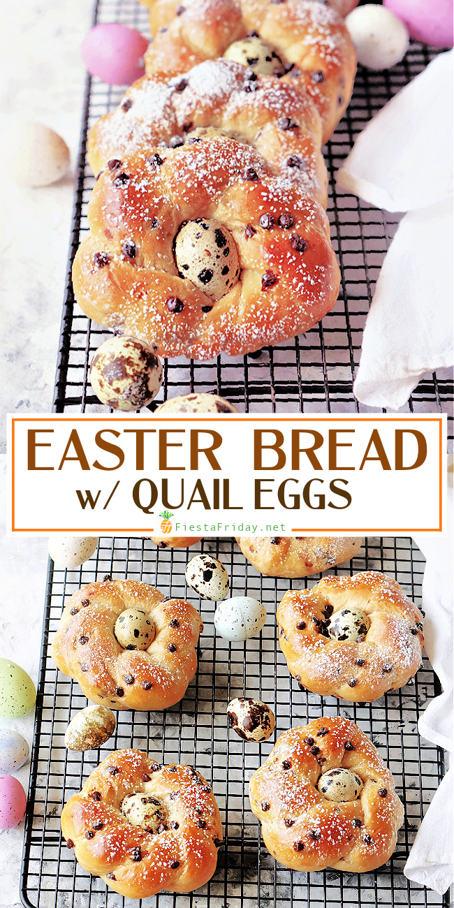 Easter Bread Wreaths with Quail Eggs are the diminutive relatives of Greek or Italian Easter Bread, and because they're made using the Tangzhong method, they're wonderfully fluffy and soft, even the next day! #easter #easterbread #wreathbread #italianeasterbread #eggs #quaileggs #chocolate #chocolatechips #tangzhong #tangzhongbread #vanilla #fiestafriday