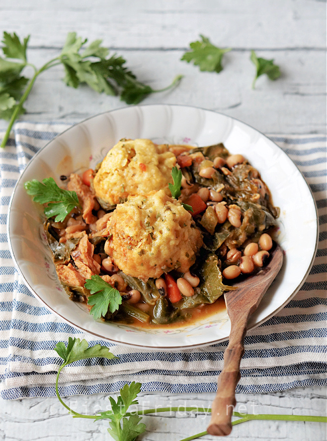 Black-Eyed Peas & Greens with Corn Dumplings | FiestaFriday.net