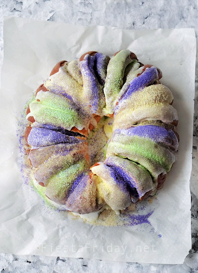 King Cake Cinnamon Rolls | FiestaFriday.net