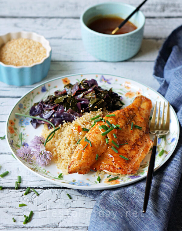Baked Branzino with Quinoa and Sautéed Greens | FiestaFriday.net