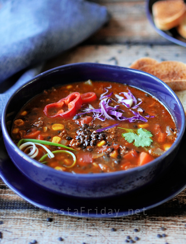 Beluga Lentil Tex-Mex Soup | FiestaFriday.net